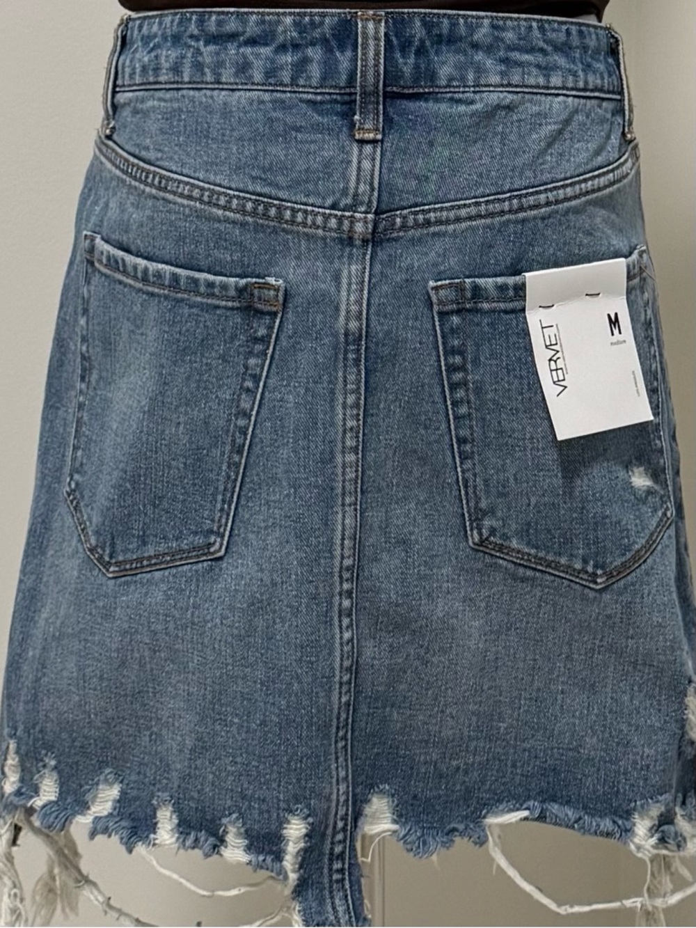 VERVET Distressed Denim Mini Skirt Medium Raw Hem Blue Jean Skirt - Picture 7 of 12